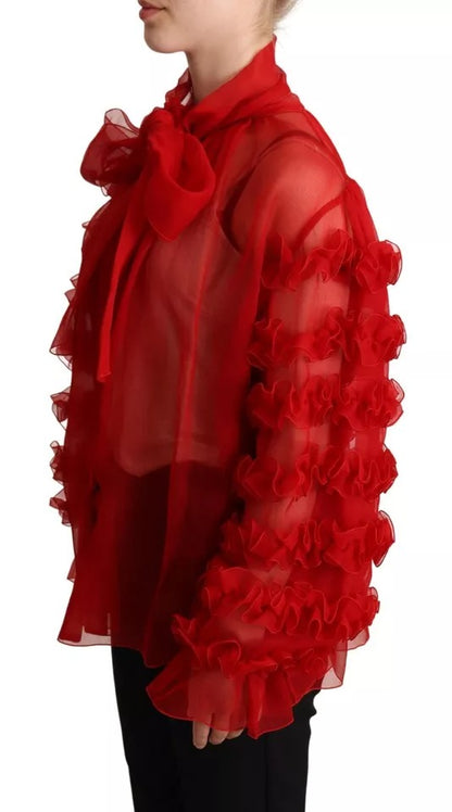  - Red Silk Ascot Collar Ruffles Blouse Top