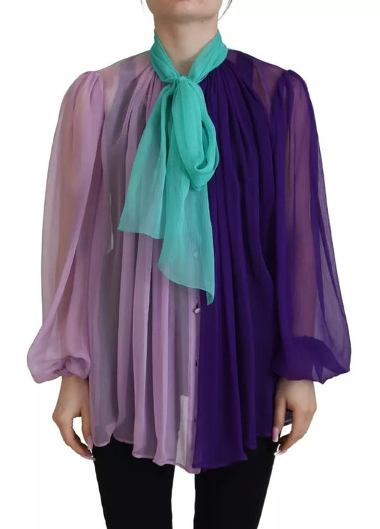  - Multicolor Long Sleeves Ascot Collar Silk Top