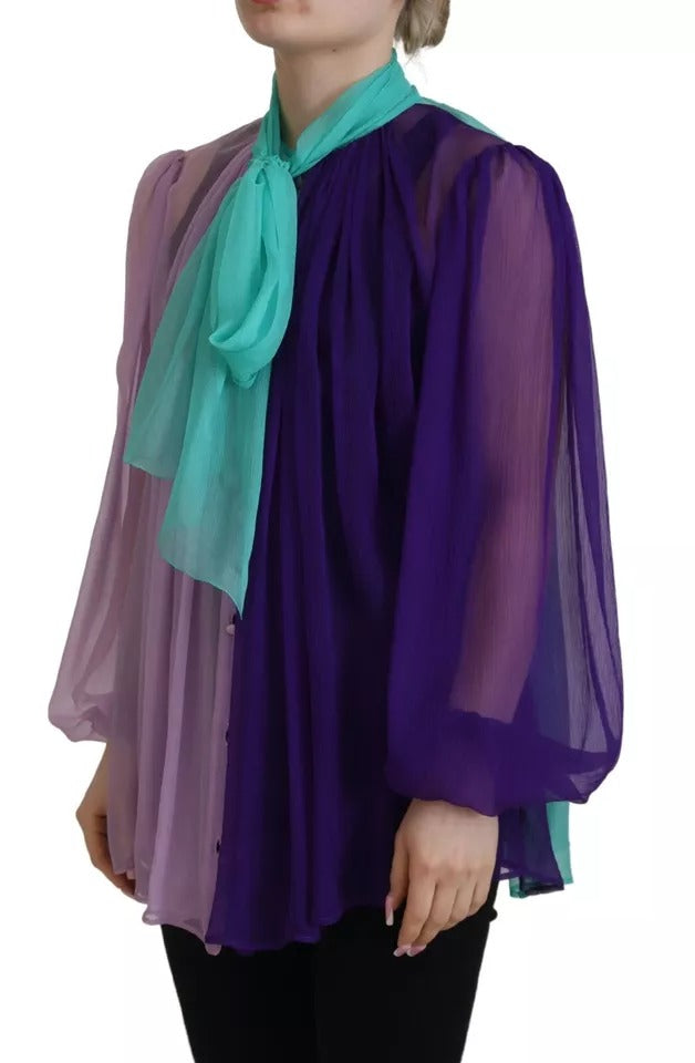  - Multicolor Long Sleeves Ascot Collar Silk Top