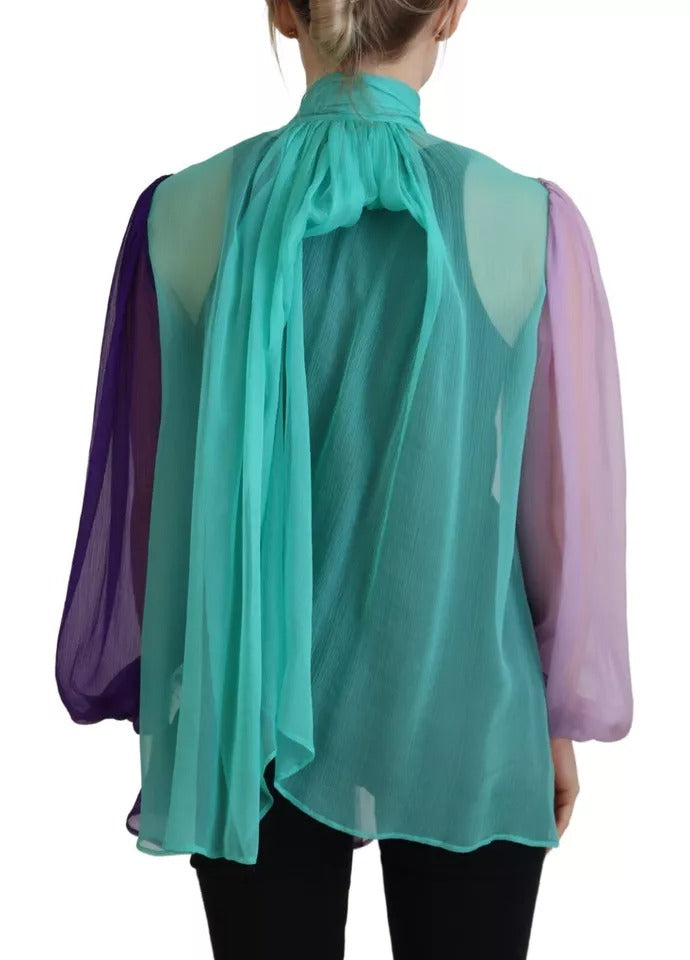  - Multicolor Long Sleeves Ascot Collar Silk Top