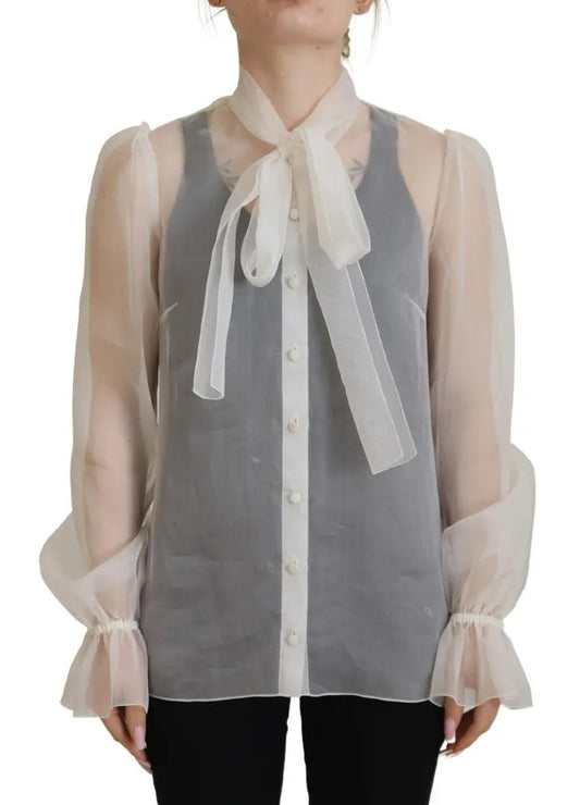  - White Ascot Collar Long Sleeves Blouse Top