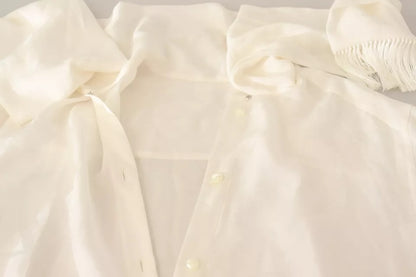  - White Blouse Ascot Collar Shirt Silk Button Top