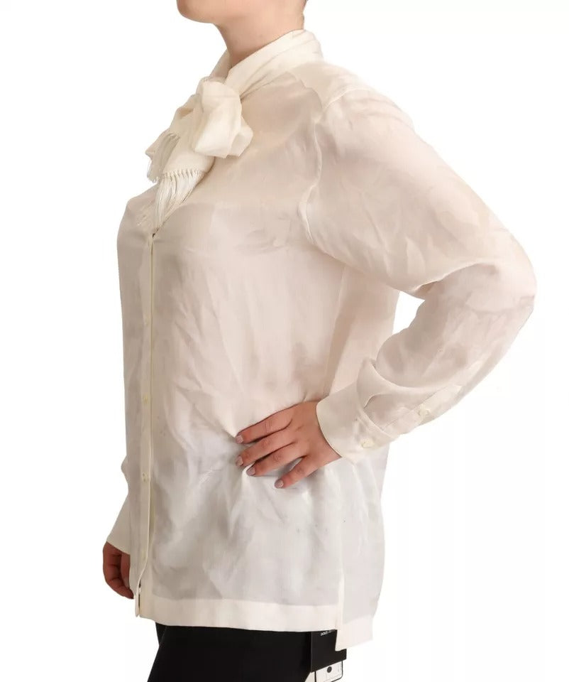  - White Blouse Ascot Collar Shirt Silk Button Top