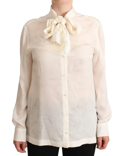  - White Blouse Ascot Collar Shirt Silk Button Top