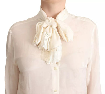  - White Blouse Ascot Collar Shirt Silk Button Top