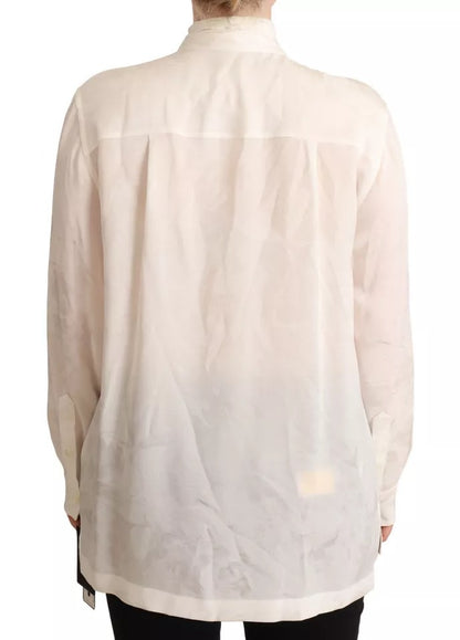  - White Blouse Ascot Collar Shirt Silk Button Top