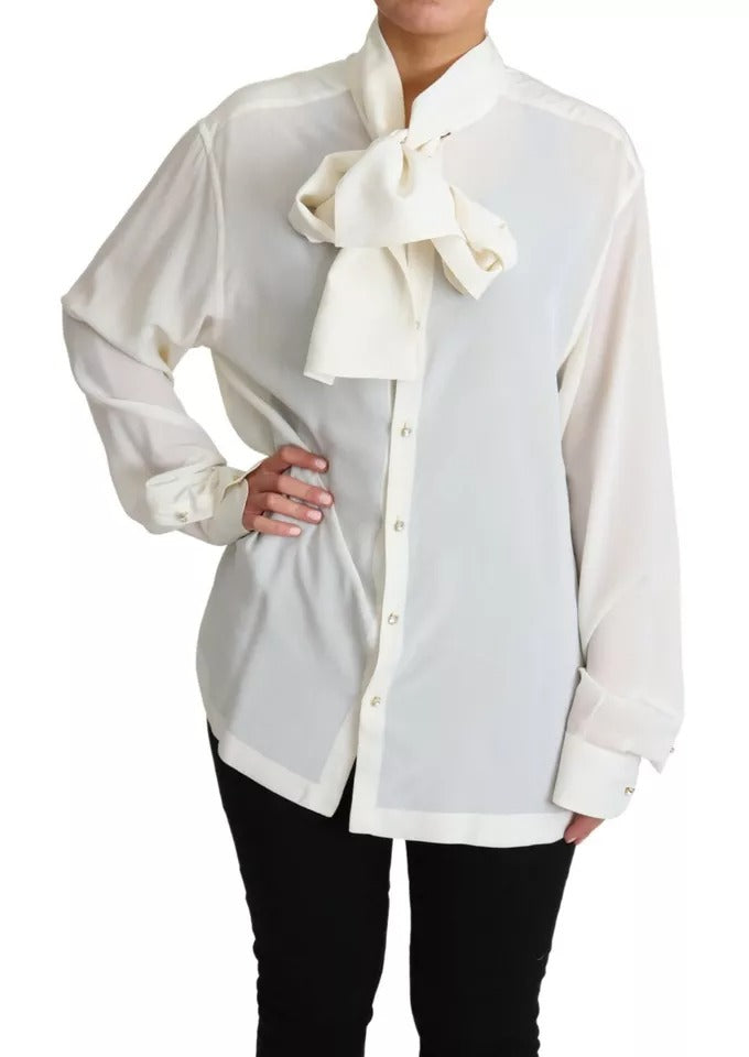  - White Blouse Ascot Collar Shirt Silk Top