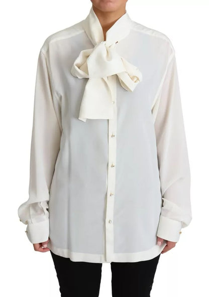  - White Blouse Ascot Collar Shirt Silk Top