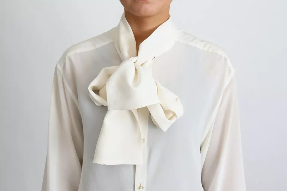  - White Blouse Ascot Collar Shirt Silk Top