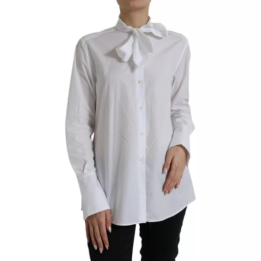  - White Cotton Ascot Collar Long Sleeves Top