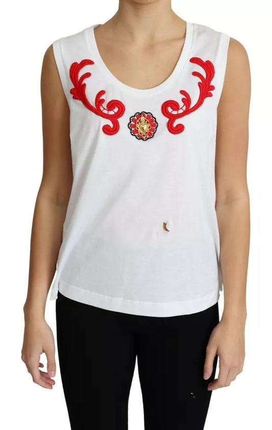  - White Cotton Heart Applique Sleeveless Tank Top