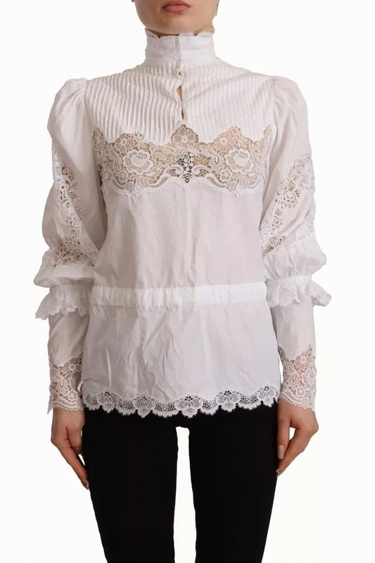  - White Cotton Lace Trim Turtle Neck Blouse Top