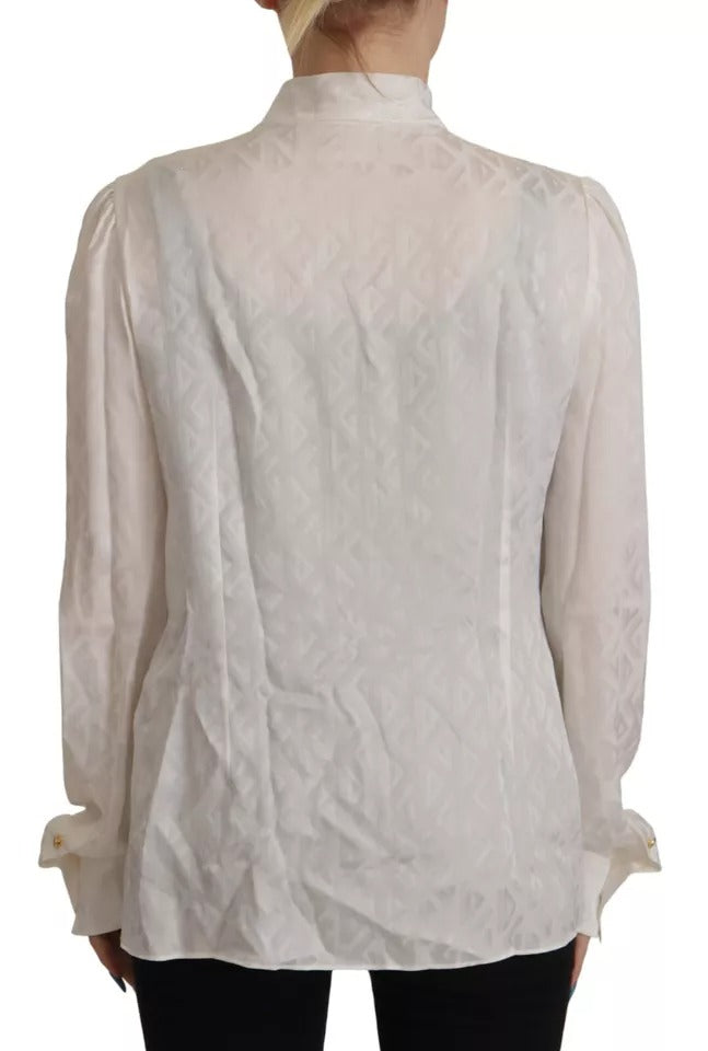  - White Patterned Silk Ascot Collar Blouse Top