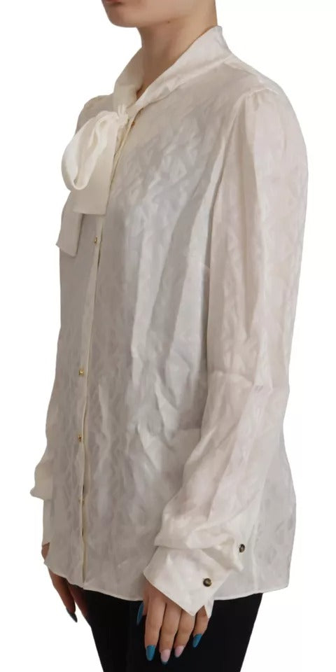  - White Patterned Silk Ascot Collar Blouse Top