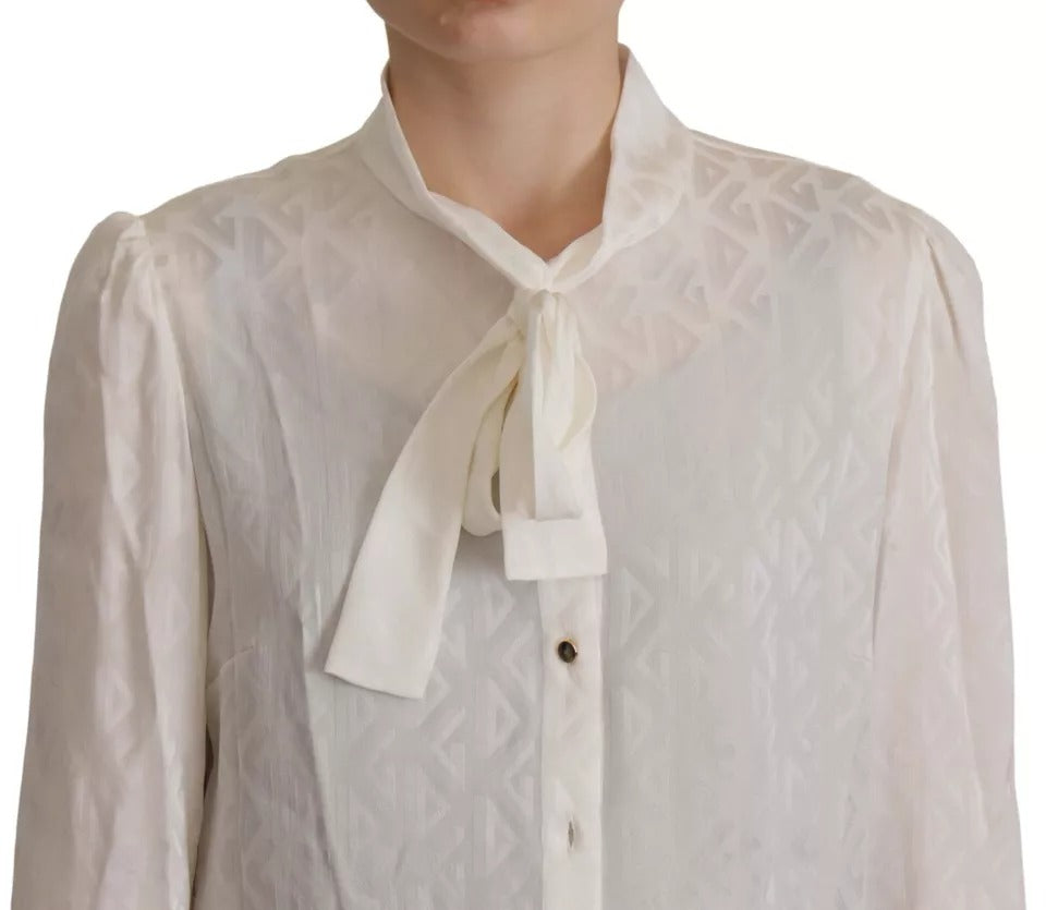  - White Patterned Silk Ascot Collar Blouse Top