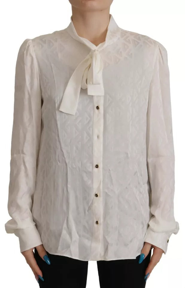  - White Patterned Silk Ascot Collar Blouse Top