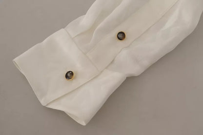 White Patterned Silk Ascot Collar Blouse Top