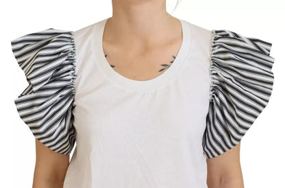  - White Striped Short Sleeves Pullover Top