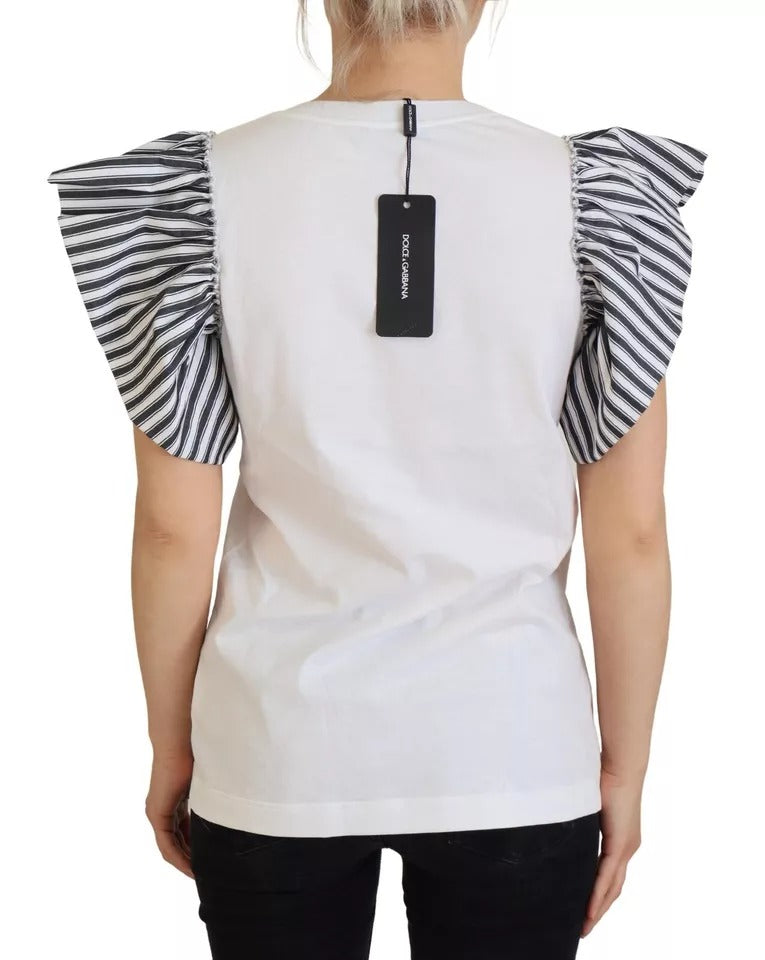  - White Striped Short Sleeves Pullover Top