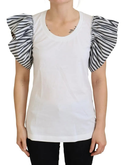  - White Striped Short Sleeves Pullover Top