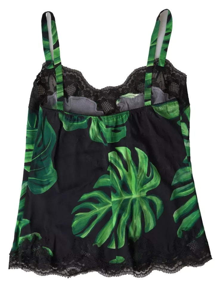  - Black Philodendron Print Silk Camisole Underwear