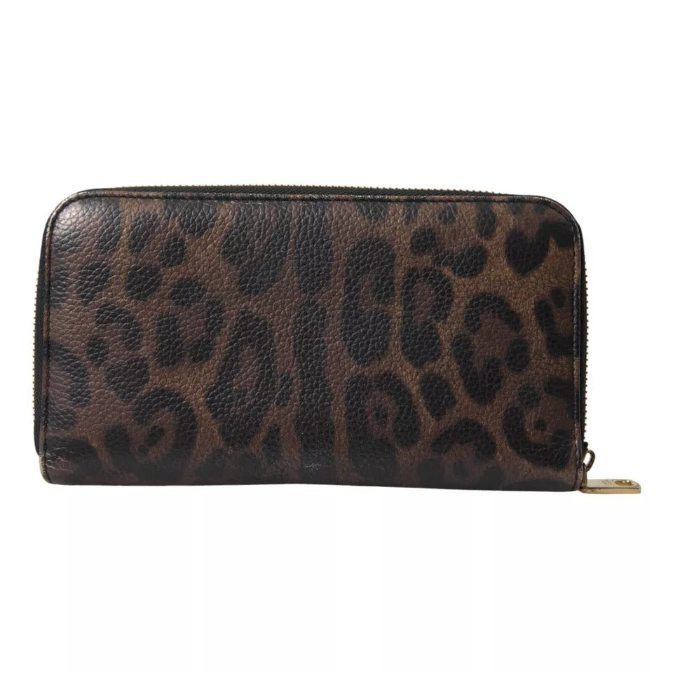  - Brown Leopard Leather DG Zip Around Continental Wallet