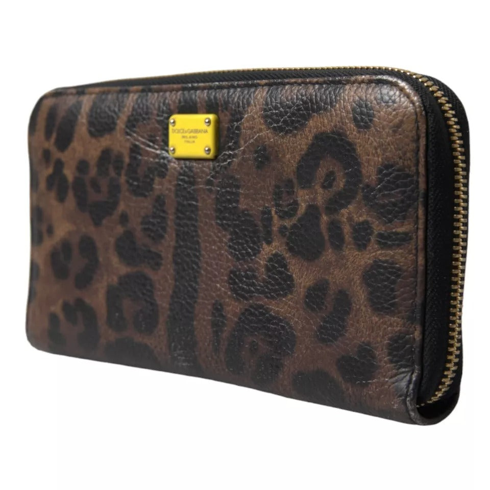  - Brown Leopard Leather DG Zip Around Continental Wallet