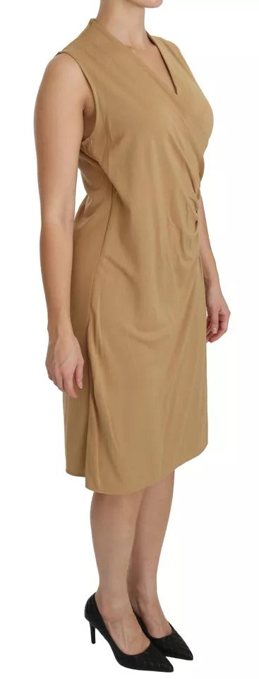  - Brown V-neck Shift Knee Length Viscose Dress