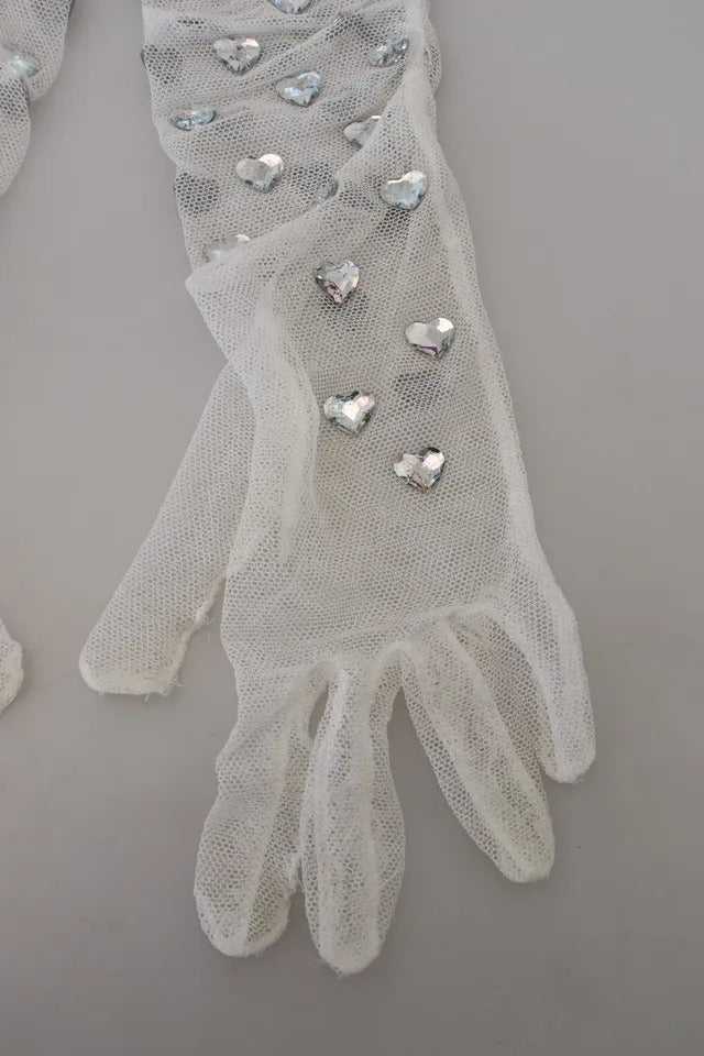  - White Crystal Elbow Length Cotton Tulle Gloves