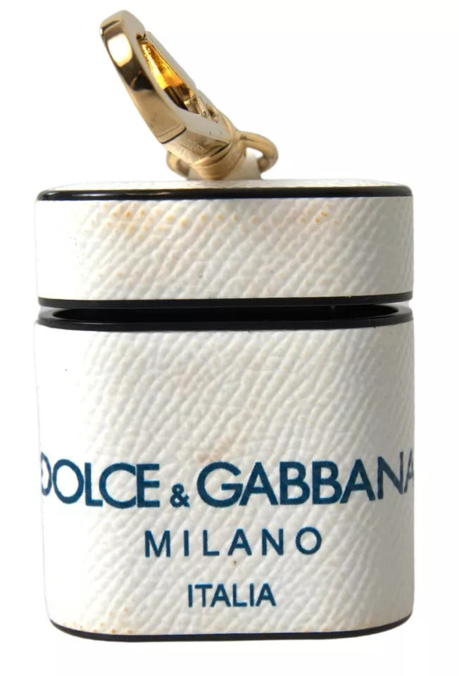 - White Blue Calf Leather Logo Print Strap Airpods Case