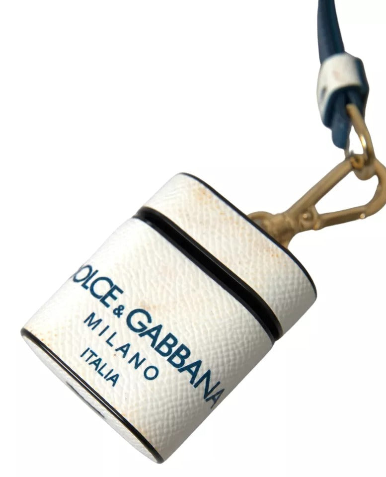 - White Blue Calf Leather Logo Print Strap Airpods Case