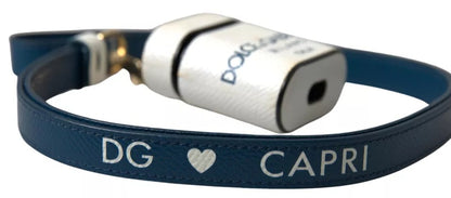 - White Blue Calf Leather Logo Print Strap Airpods Case