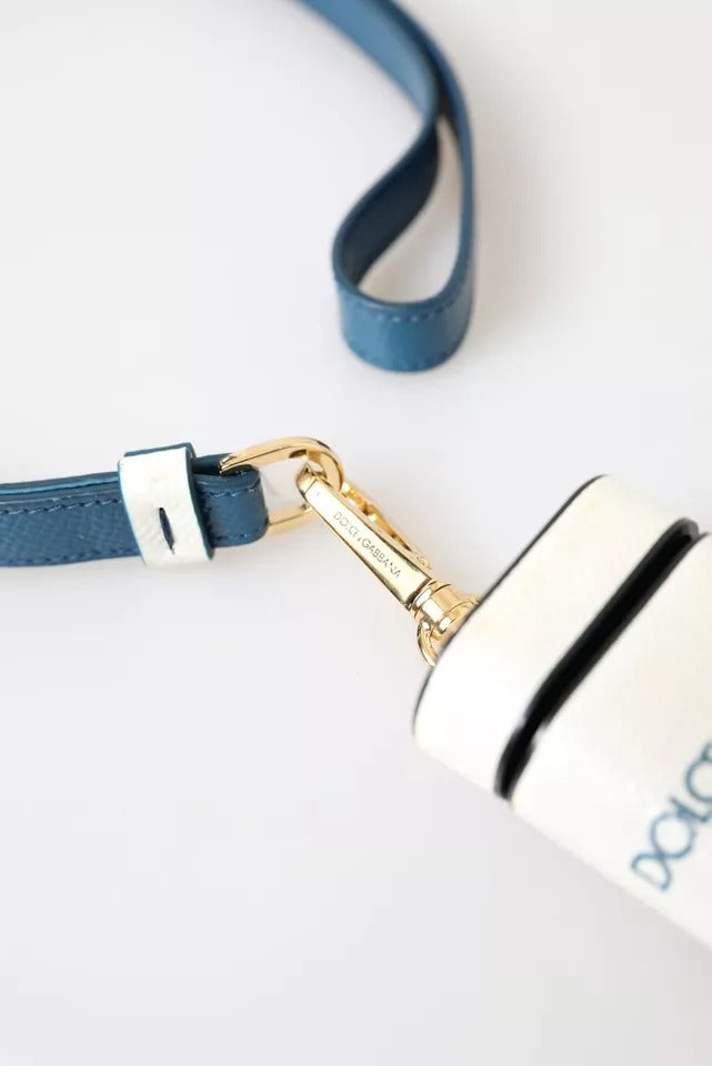- White Blue Calf Leather Logo Print Strap Airpods Case