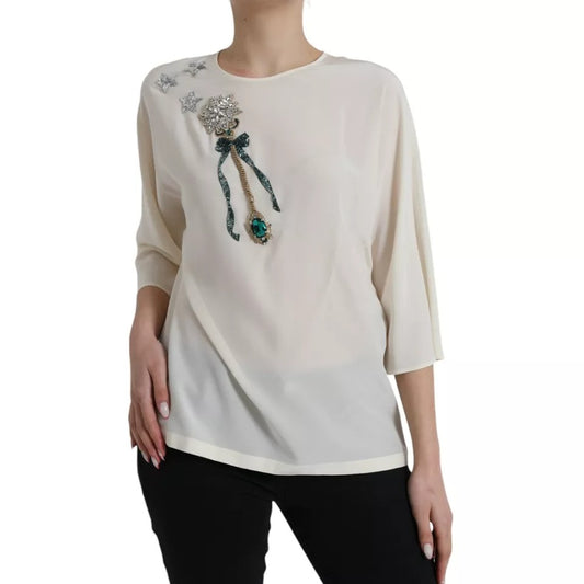  - White Silk Crystal 3/4 Sleeves Blouse Top