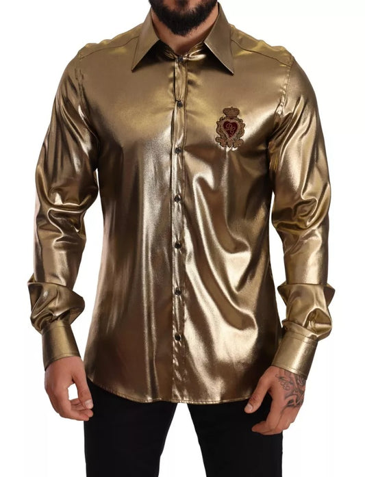 Metallic Gold DG Embroidered Crown Silk Top Shirt by Dolce & Gabbana