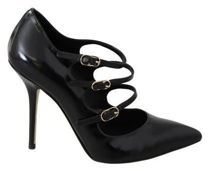  - Black Leather Ankle Strap Heels Pumps Shoes