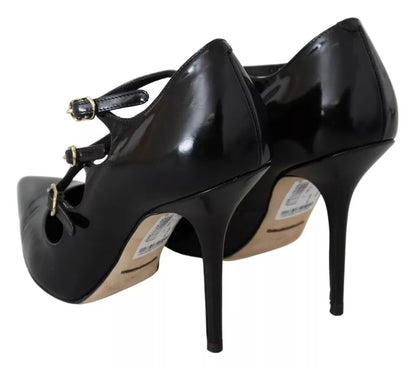  - Black Leather Ankle Strap Heels Pumps Shoes