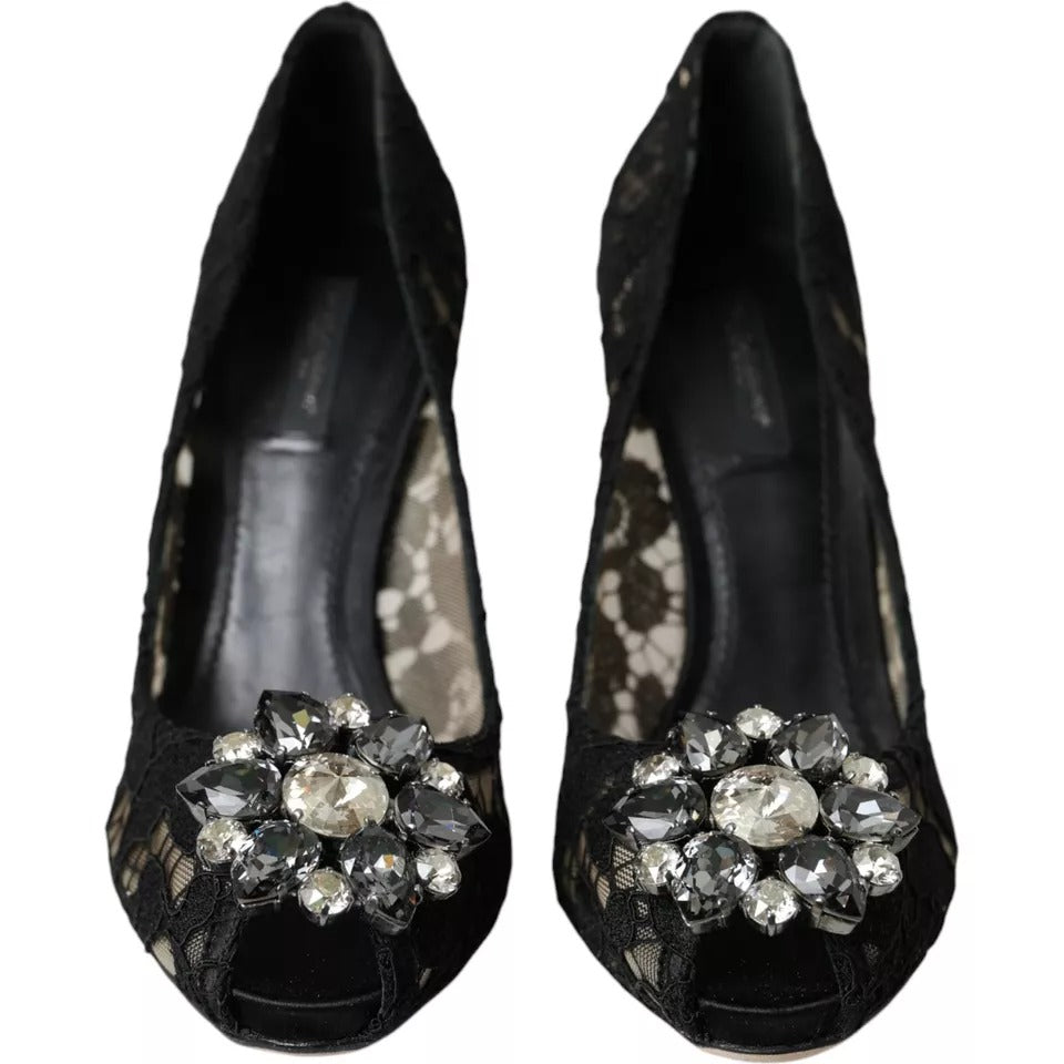 Black Taormina Lace Crystal Heel Pumps Shoes