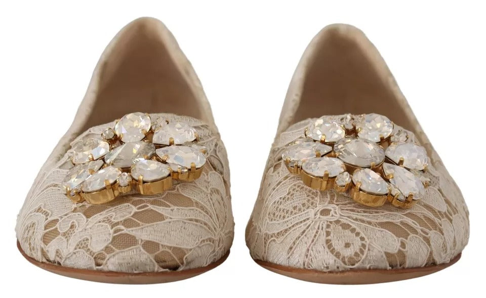  - Beige Lace Crystal Ballet Flats Loafers Shoes