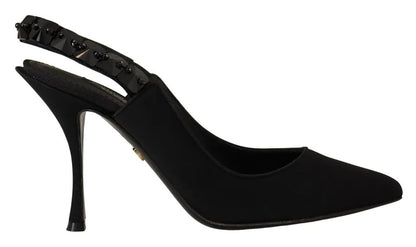  - Black Embellished Heels Slingback Charmeuse Shoes