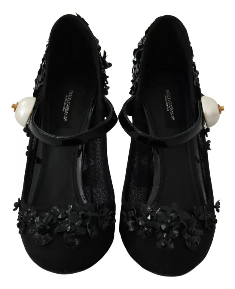  - Black Floral Embellish Heels Mary Janes Pumps Shoes