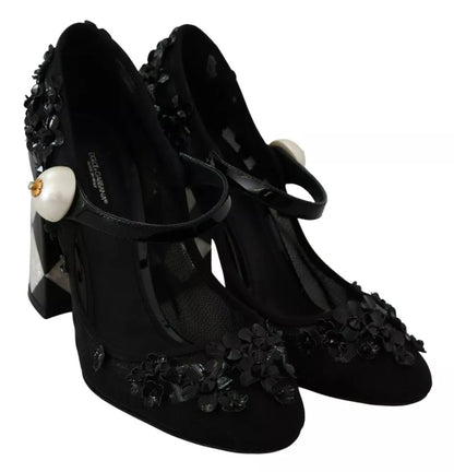  - Black Floral Embellish Heels Mary Janes Pumps Shoes