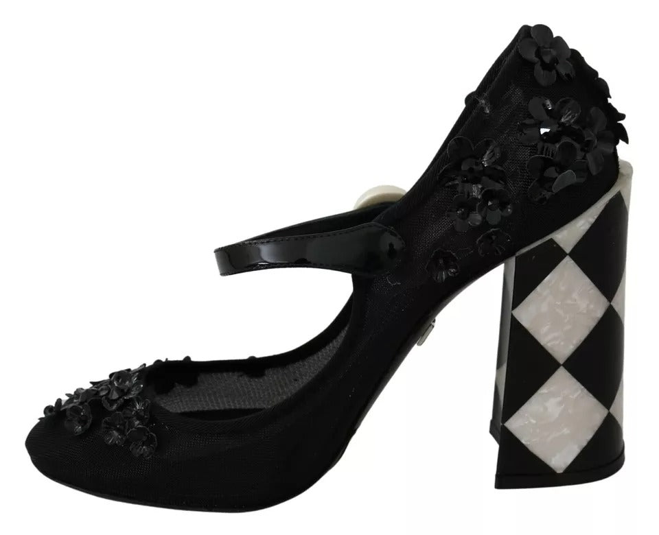  - Black Floral Embellish Heels Mary Janes Pumps Shoes