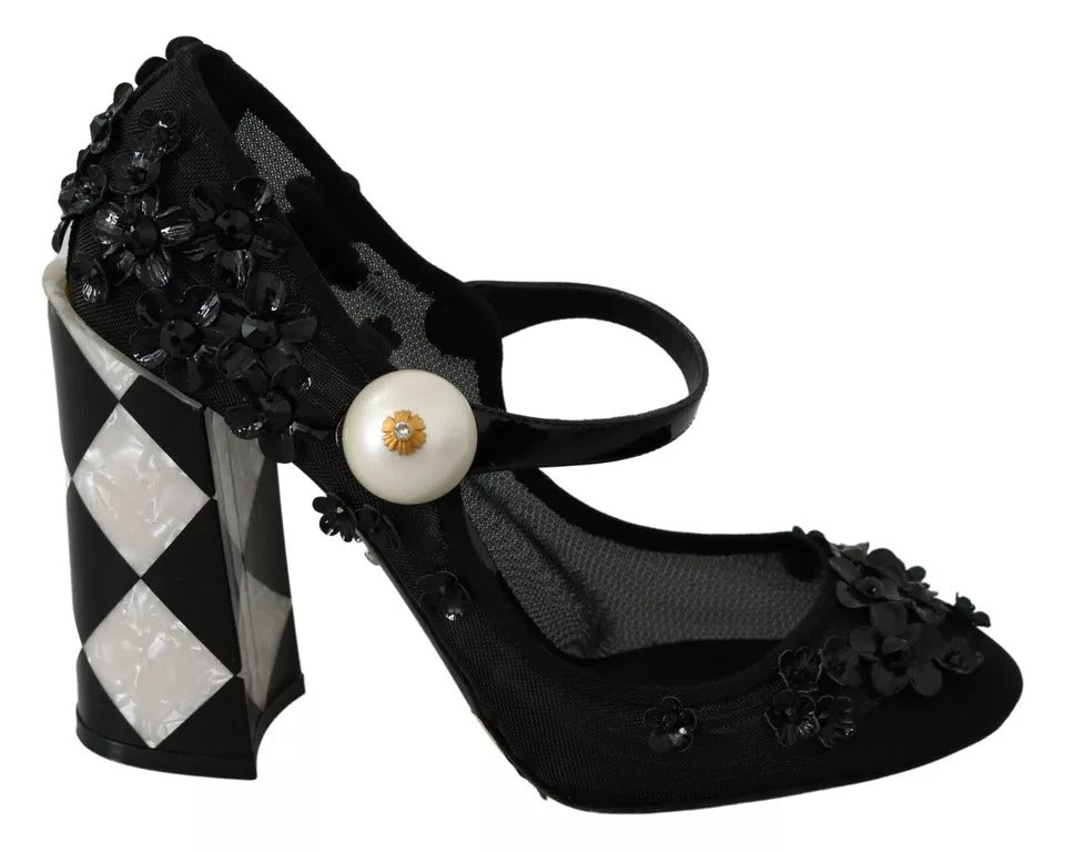  - Black Floral Embellish Heels Mary Janes Pumps Shoes