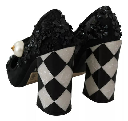  - Black Floral Embellish Heels Mary Janes Pumps Shoes