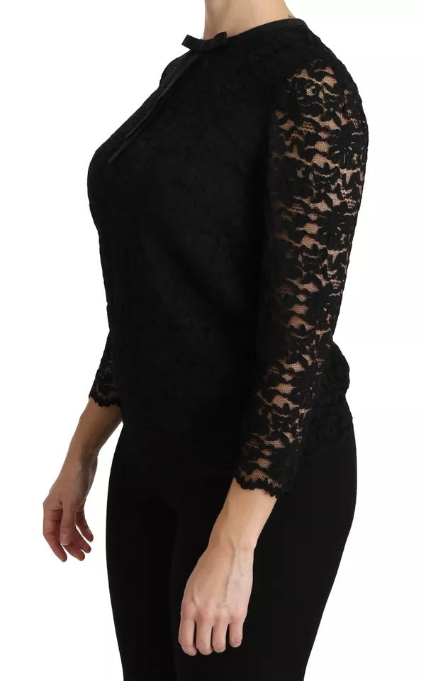  - Black Lace Long Sleeve Blouse Nylon Top