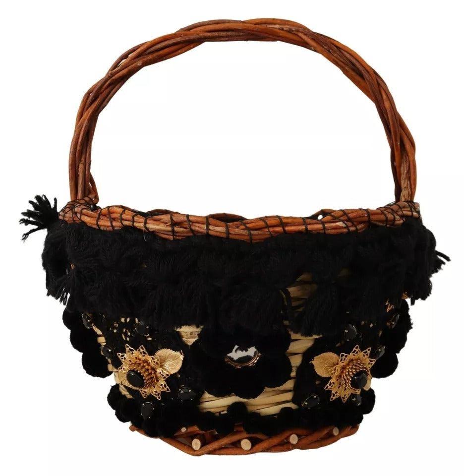  - Black Beige Straw Basket Tote Pom Pom Crystals Bag