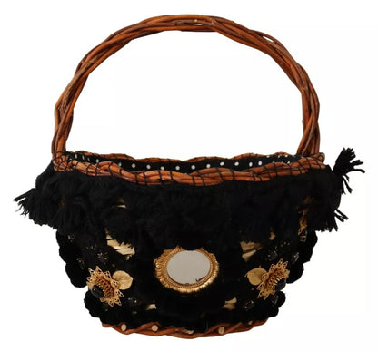  - Black Beige Straw Basket Tote Pom Pom Crystals Bag