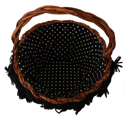  - Black Beige Straw Basket Tote Pom Pom Crystals Bag