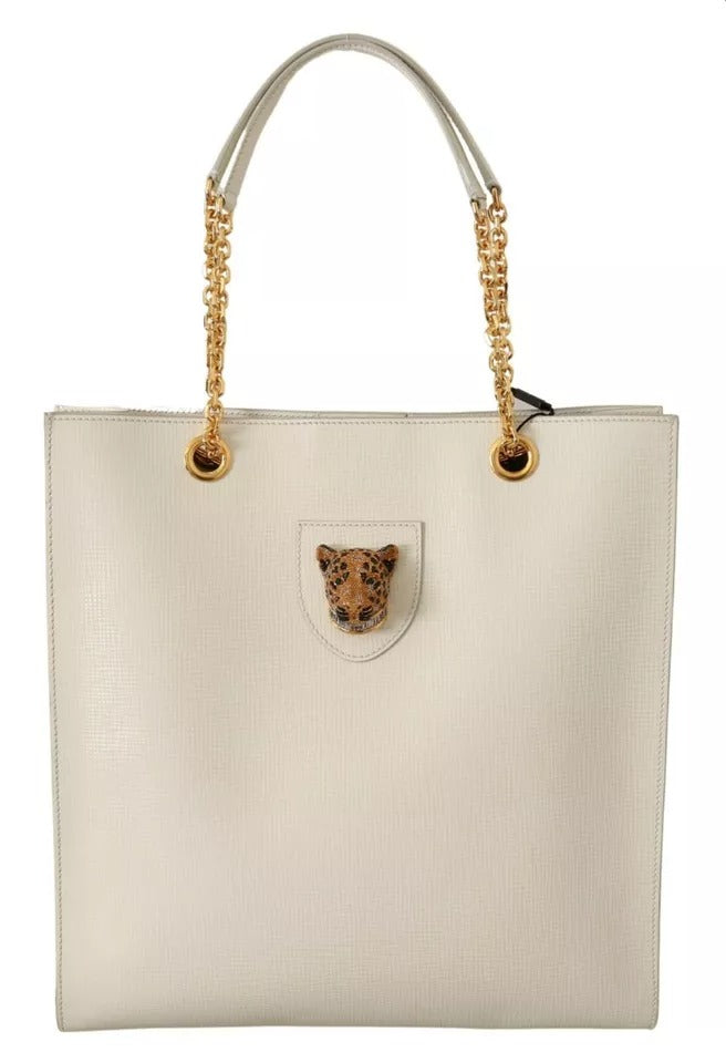  - White Crystal Leopard Head Leather JUNGLE Tote Bag